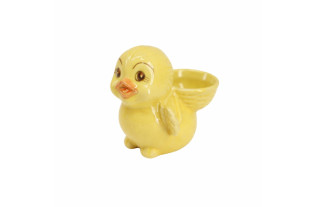 Geel paaskuiken met mand in keramiek 8 x 10 cm – vrolijk paasaccent met decoratieve functie