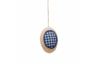 Handgemaakt ei naturel met blauw stofdetail 4 x 6 cm – verfijnd paasaccent voor takken en paasboom