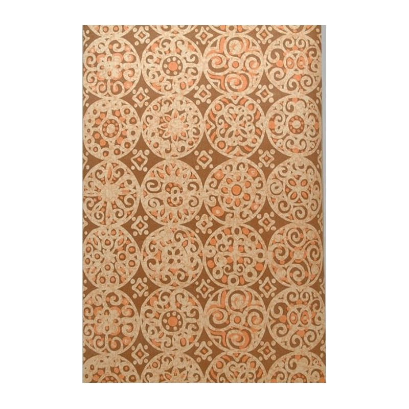 Papier peint rétro vintage – cercles façon carrelage avec volutes en terracotta en crème sur brun