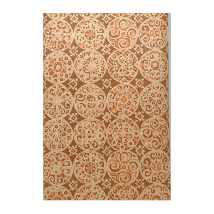 Papier peint rétro vintage – cercles façon carrelage avec volutes en terracotta en crème sur brun
