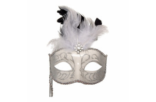 Masque vénitien avec manche – argent, 17 cm de large