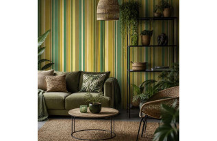 Vintage Retro Behang met gestreept dessin in groen en geel