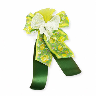Strik geel groen wit met gele veertjes – 17 x 27 cm