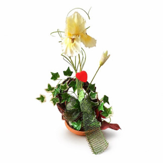 Bloemstuk met iris in rond terra cotta schaaltje – hoogte 37 cm