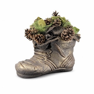 Floral Arrangement in Concrete Shoe with Pinecones