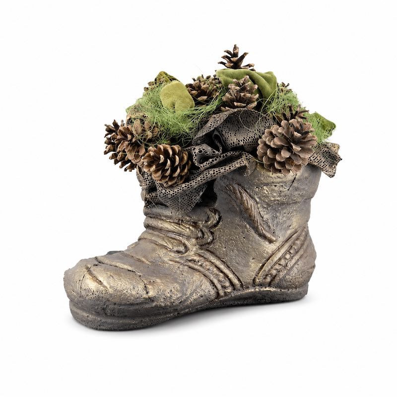 Floral Arrangement in Concrete Shoe with Pinecones