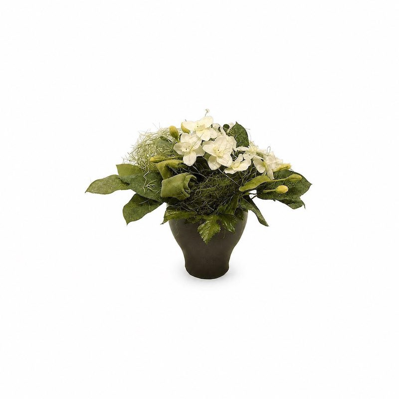 Bloemstuk met witte bloemen in donkergrijze pot