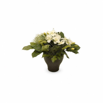 Bloemstuk met witte bloemen in donkergrijze pot