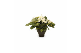 Bloemstuk met witte bloemen in donkergrijze pot