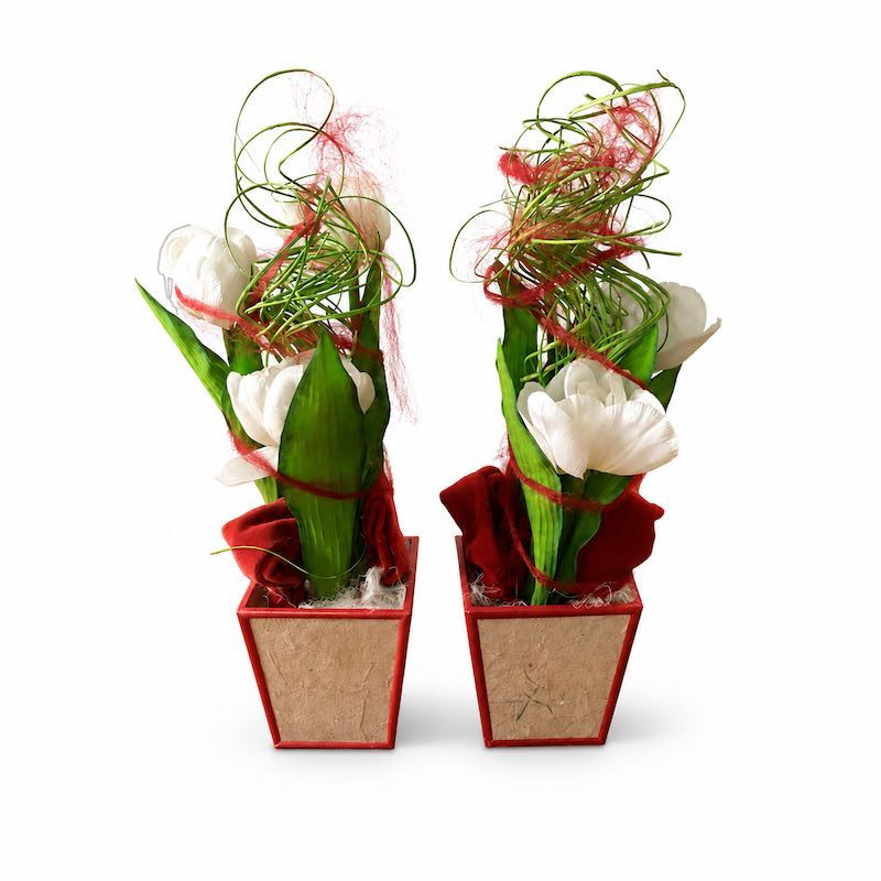 2 bloemstukjes met tulpen in bakje
