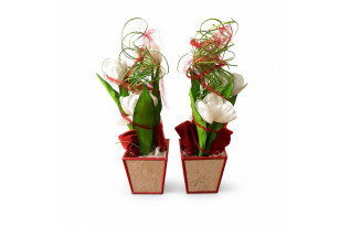 2 bloemstukjes met tulpen in bakje