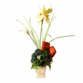 Flower arrangement with iris in ceramic pot