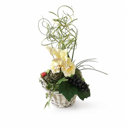 Flower arrangement with iris and grapes