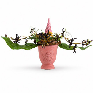 Terra Cotta flower arrangement with candle and bear
