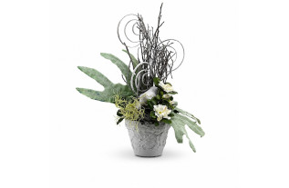 Mystery Grey flower arrangement with bottle