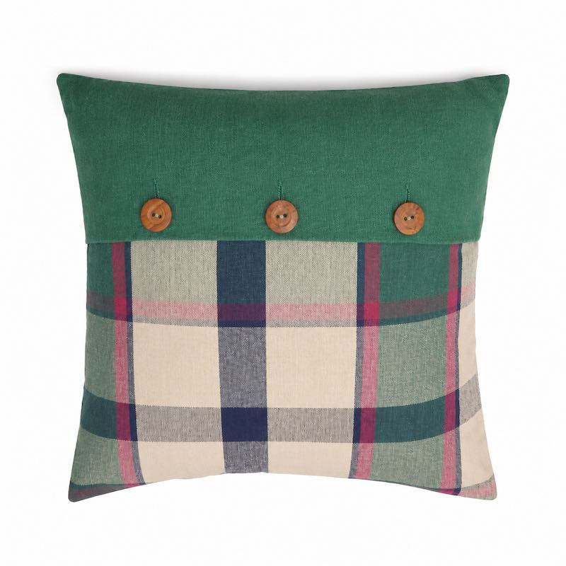 Housse de coussin décorative verte à motif blocs avec boutons en bois 40 x 40 cm