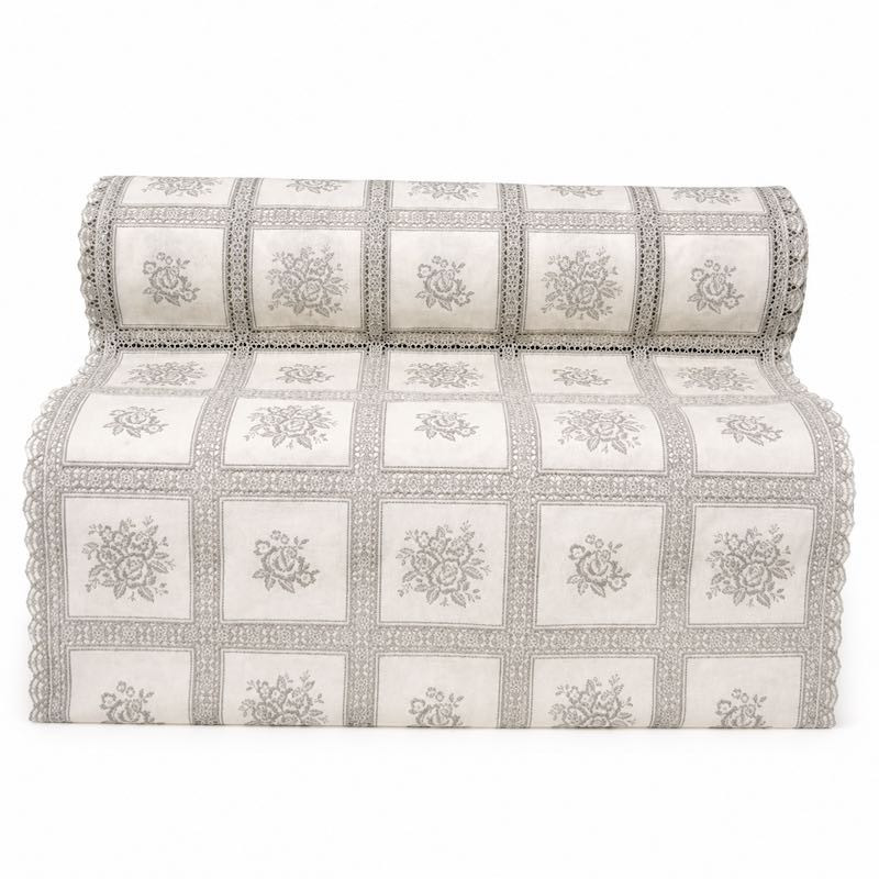 White plastic table runner with grey roses – width 50 cm