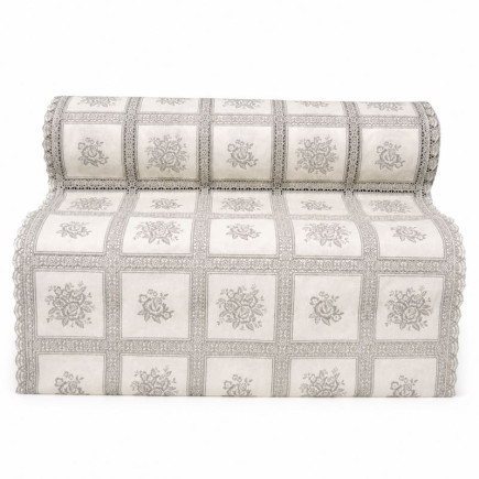 White plastic table runner with grey roses – width 50 cm