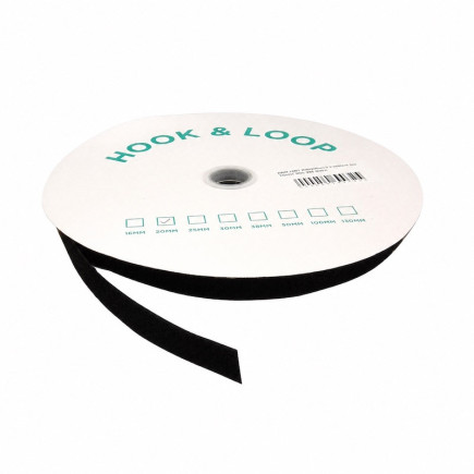 Roll of black sew-on loop tape measuring 20 mm wide and 25 metres long
