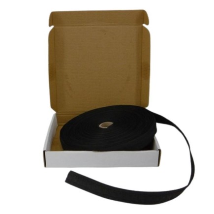 Roll of black curtain heading tape measuring 25 mm wide and 50 metres long