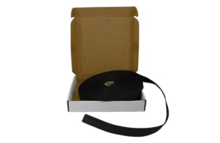 Roll of black curtain heading tape measuring 25 mm wide and 50 metres long