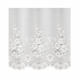 White 260 cm jacquard net curtain with an elegant floral border and scalloped lower edge