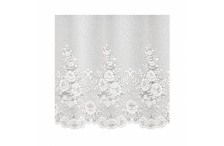 Witte jacquard vitrage van 260 cm hoog met sierlijke bloemenrand en geschulpte onderzijde