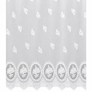 White 150 cm jacquard net curtain with rose medallions, floral design and a scalloped lower edge