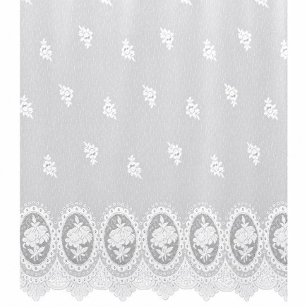 White 150 cm jacquard net curtain with rose medallions, floral design and a scalloped lower edge