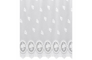 White 150 cm jacquard net curtain with rose medallions, floral design and a scalloped lower edge
