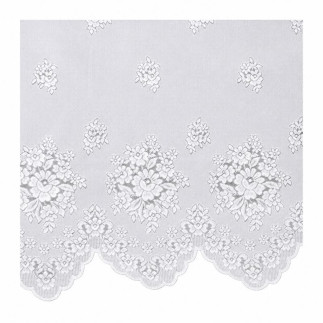 White 180 cm jacquard net curtain with a floral design and decorative scalloped lower edge