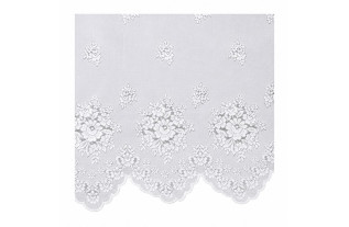 White 180 cm jacquard net curtain with a floral design and decorative scalloped lower edge