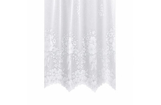 Witte jacquard vitrage van 145 cm hoog met strik- en bloemmotief en decoratieve onderrand