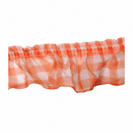 Gerimpelde oranje-witte ruche met ruitjes van 100% polyester, hoogte 6 cm.