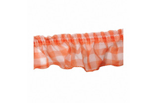 Gerimpelde oranje-witte ruche met ruitjes van 100% polyester, hoogte 6 cm.