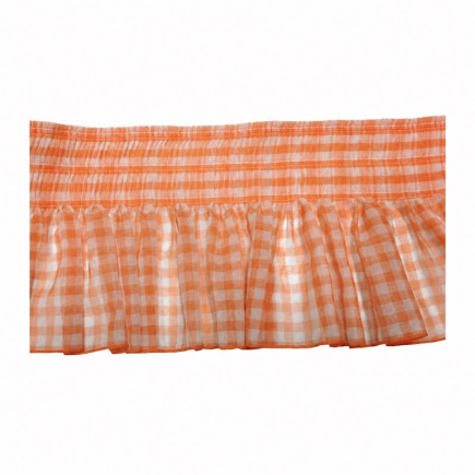 Voile ruffle remnant with orange-and-white checks and fine gathers, 25 cm high and 135 cm wide.