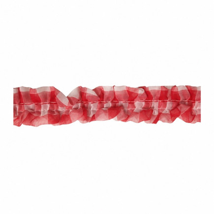 Rood-wit geruite voile sierband van 3 cm breed met vaste fronsjes en twee stiknaden in het midden.