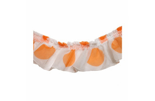 White gathered ruffle with large orange circles and a neatly finished lower edge, 6 cm wide.