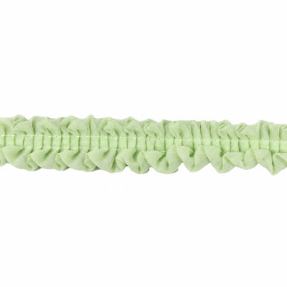 Lichtgroene voile sierband van 3 cm breed met gerimpelde randjes aan beide zijden van twee stiknaden in het midden.