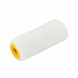 White 10 cm felt paint roller with a yellow plastic core, one straight end and one rounded end.