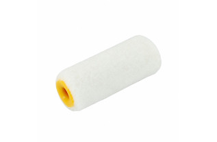 Rouleau à peindre en feutre blanc de 10 cm avec noyau en plastique jaune, une extrémité droite et une extrémité arrondie.