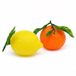 Decorative plastic lemon and mandarin with green leaves, displayed together on a white background.