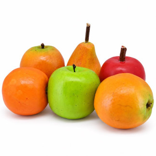 Set of six decorative plastic fruits in red, green and orange, including apples and a pear, on a white background.