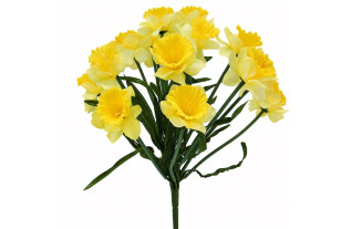 Bouquet of yellow artificial daffodils with green leaves and stems on a white background.
