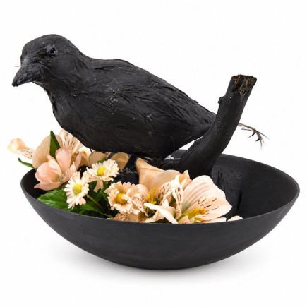 Coupe noire avec oiseau et fleurs couleur saumon