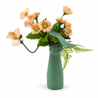 Glass bottle vase painted in Venetian Green with salmon-pink flowers, yellow flower centres and playfully extending foliage