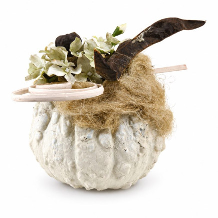 Real pumpkin painted in Cyprus White with pale flowers, nuts, natural flax, curved rattan and an extending dark wooden branch
