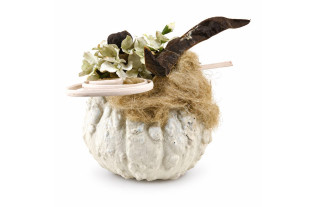 Real pumpkin painted in Cyprus White with pale flowers, nuts, natural flax, curved rattan and an extending dark wooden branch
