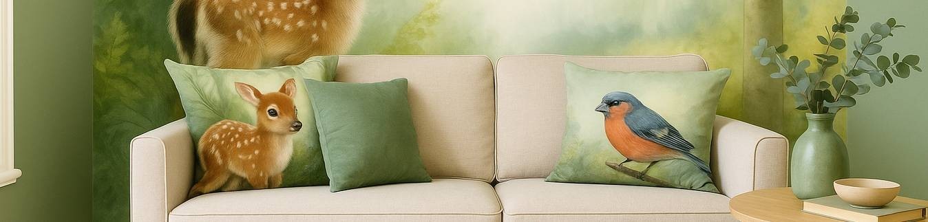 Forest Glow concept – Deer wallpaper, cushions & matching rug