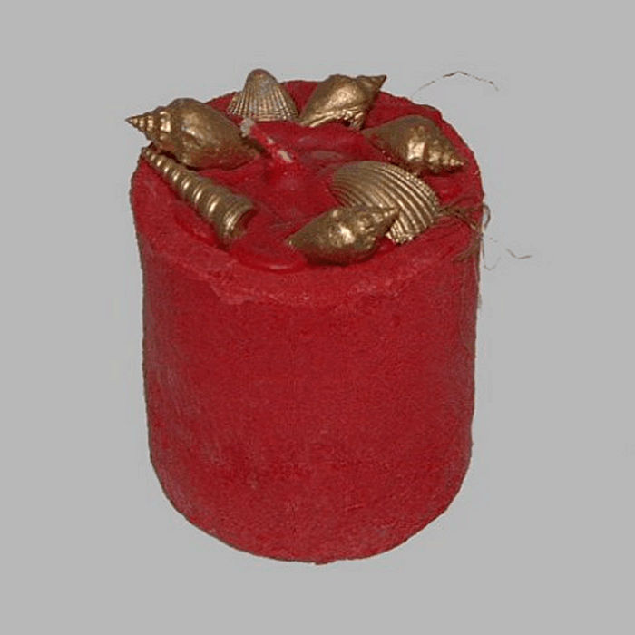candle with golden sea shells color red 7 5 cm high 7.5 cm